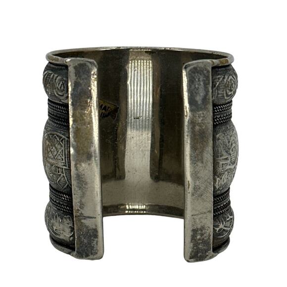 Silver Plated Elephant Cuff Bracelet Floral Etched Black Cabochon Wide Bohemian - Picture 7 of 10